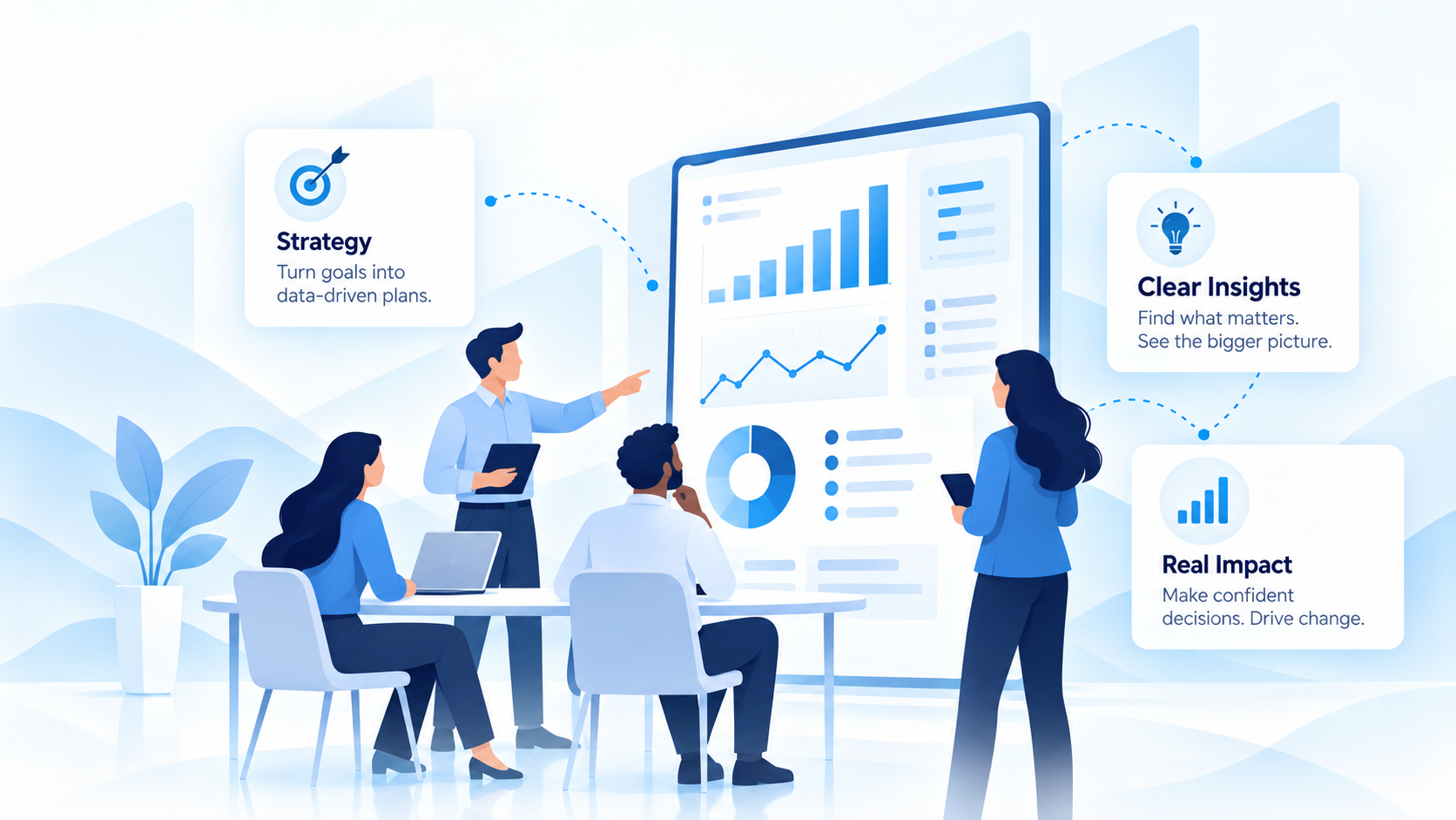 About Data Driven Viz illustration showing clear data insights and decisions