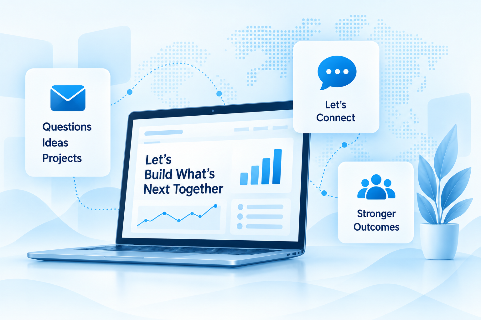 Contact illustration showing questions, ideas, projects, connection, and stronger outcomes
